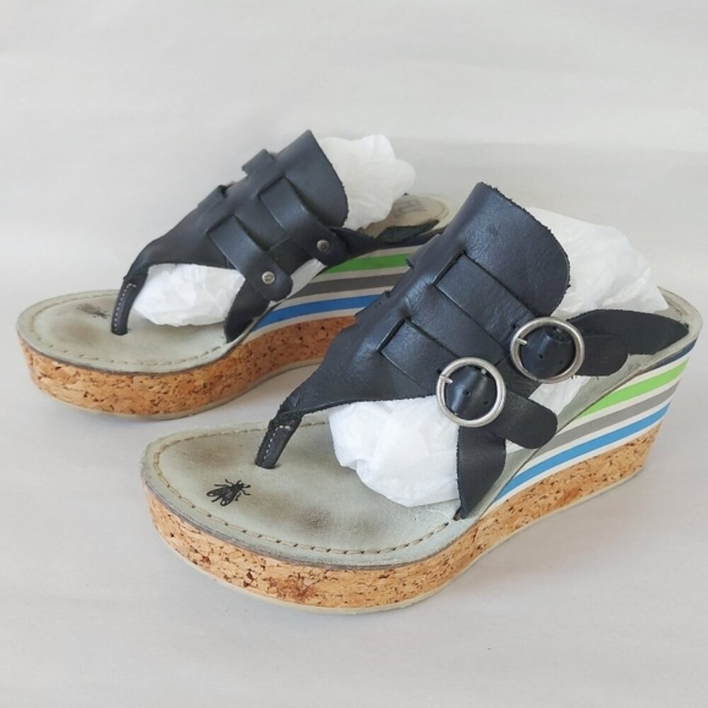 Fly London Cork Wedge Sandals Size 39 EU Buckle Striped Comfort Platform Heel